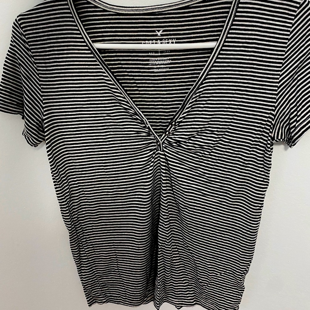 Black and white striped button tee